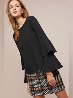 Anthropologie Eri + Ali Tiered Ruffled Sleeve Top Size Medium Black
